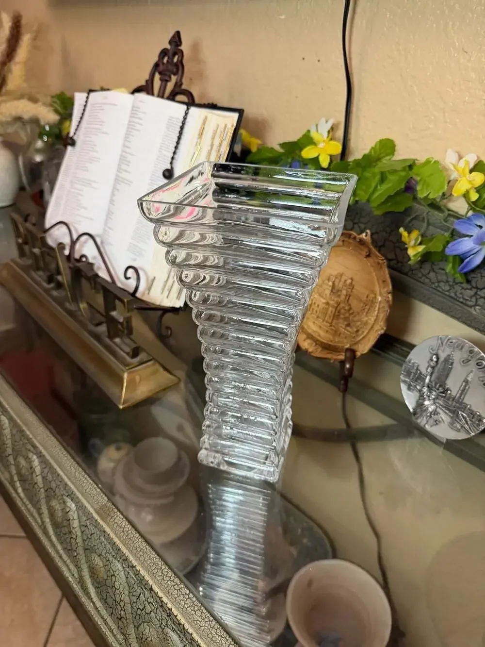 Clear Ribbed Glass Square Flower Vase